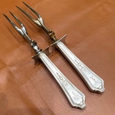 Vtg Gorham Shelburne Silverplate Roast Carving MeatFork Set 2pc Antique Monogram picture