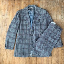 1970s Roland Meledandri Grey Plaid Wool half belt 2-piece Suit 40R picture