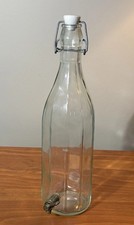 Vintage Italian Bottle W Ceramic Stopper Brass Metal Spigot Blue Green Tint. EUC picture