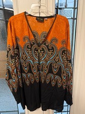 Bob Mackie Wearable Art Women’s 3X Paisley Tunic Top Orange Black Blue Zip Front picture
