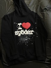 sp5der I Love Heart Graphic Black Fleece Hoodie Kangaroo Pocket Men's Pullover picture