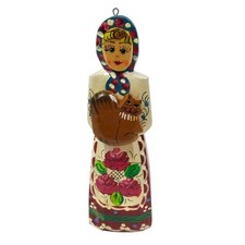 Vintage Hand Painted Wooden Folk Art Girl with Squirrel Figure Ornament 4.5 Inch picture