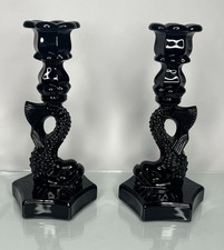 PAIR of Vintage Westmoreland Opaque Black Glass Koi Fish Candle Holders 9.75” picture