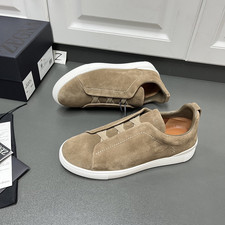 New Zegna Triple Stitch Sneakers Taupe Suede Slip On Low Top Casual Men's Shoes picture