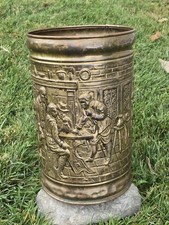 Vintage 1930s Embossed Brass Trash Can, Umbrella Stand, Coal Can. Rare  picture