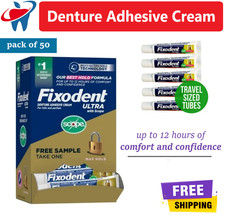 Fixodent Ultra Denture Adhesive Cream Tubes 0.35oz, 50/Pack, Travel Size Samples picture