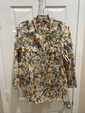 Chicos Women’s Sz 2 gorgeous white blue brown 3/4Sleeve Beautiful button blouse picture
