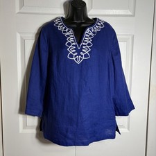 Talbots Outlet 100% Linen Tunic Top Women M Blue Embroidered Split Neck Shirt picture
