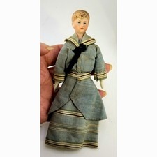 Antique German Bisque Dollhouse Miniature Lady Original Blue Sailor Outfit  6
