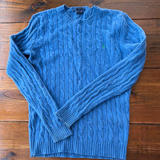 Vintage Ralph Lauren Sport Blue Cable-Knit Lambswool Crewneck Pullover Sweater M picture