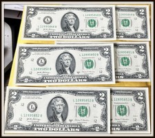 Uncirculated Lot of 6 Two Dollar Bills Sequential Serial Numbers picture