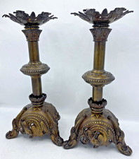 Large antique pair of french church candlesticks 19th century bronze religious picture