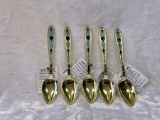 Russian USSR Gilded 916 Silver Enamel Tea Coffee Spoons Spoon Set Sterling Spoon picture