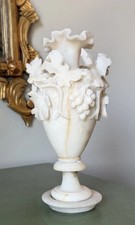 Antique Alabaster Urn Vase w/ Handles, Grape & Leaf Relief, Pedestal Base picture