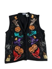 Vintage Bobbie Brooks Small Halloween Knit Sweater Vest Pumpkin Witch Spooky 90s picture