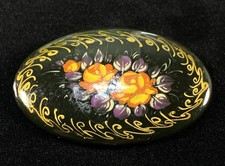 Vintage Hand Painted Russian Lacquer Brooch Flowers Bouquet Oval Shaped picture