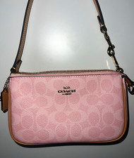 Coach Pink Signature Logo Zip-Top Shoulder Bag Purse w/ Charm, Gold Hardware picture