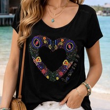 Desigual Beaded Short Sleeve Tee Shirt Medium Black Heart Learn Pullover Teacher picture