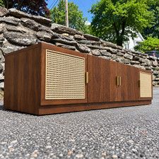79'' Mid-Century Modern Low Profile TV Stand Rattan Doors Media Console Credenza picture