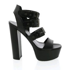 Amanda Gregory Black Leather 3 Buckle Platforms Heels Size 36 US 5.5 Italy picture