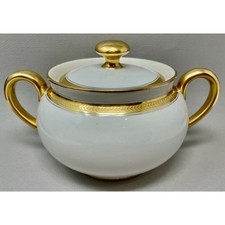 Vintage Bernardaud France Limoges Lidded Sugar Bowl, Gold Laurel Band picture