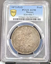 1872 MEXICO SILVER 1 PESO BALANCE SCALES PCGS AU 50 RARE HIGH GRADE POTOSI MINT picture