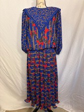 Vintage.  Rare Diane Freis Georgette Dress Blue Red Floral Pleated Belted 1980 picture