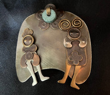 Vintage Mixed Metal Artisan Brooch Articulated Stylized Figural Storybook Pin picture
