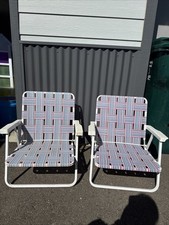 Vintage Pair Of Aluminum Folding Beach Chair Web Weaved Low Profile Red Wht Blue picture