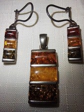 Vintage Sterling Silver Baltic Amber Tri-Color Pendant And Earring Set  picture