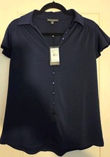 Adrianna Papell Blue Solid Collared Button Front Short Sleeve Blouse Top S picture