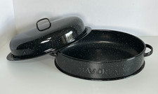 Savory Jr Black Graniteware Roasting Pan Oval Enamelware w/ Splatter Lid Vintage picture