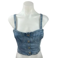 REVOLVE x Superdown Women's Blue Denim Button Sleeveless Cami Tank Crop Top  M picture