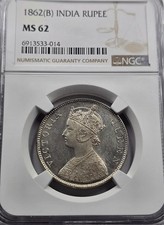 British India Silver 1 rupee 1862 B Victoria Gothic style NGC MS62 picture