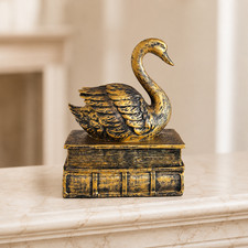 Vintage French Ceramic Swan Figurine On Books Gold Bird Statue Decor Gift 5.5'' picture