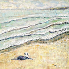 Original Textured Oil Painting Dog on Beach Seascape Coastal Wall Art 20x20