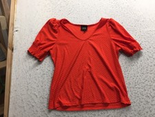 W5 Blouse Womens L Large Orange V Neck Short Balloon Sleeve Textured Dot picture
