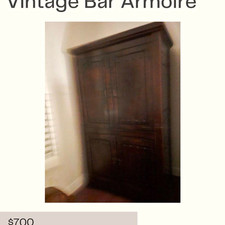 Vintage Wood Bar Armoire Cabinet, Dark Brown, 4 Hinged Doors, 78x41x20 picture