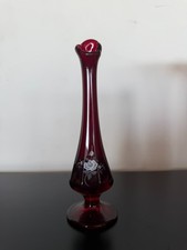 Fenton Ruby swung vase (8 1/2in) hand-painted rose decoration (signed S. Walsh) picture