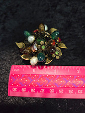 Vintage DeLizza Elster Multi-Stone Cluster Pin Stippled Glass Leaf Statement picture