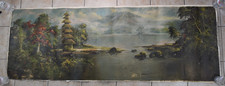 Vintage Balinese Original Art Painting Oil Canvas Panoramic Mountain Meru Tower picture