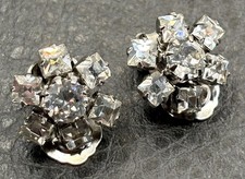 Vintage Signed Weiss Square Rhinestone Cluster Clip-On Earrings Silver Tone picture