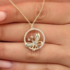 Women's Butterfly Fancy Pendant Round Simulated Diamond 14k Yellow Gold Plated picture