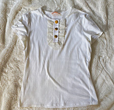 EUC Tory Burch Women’s White Cotton Knit T-Shirt S Ruffle Placket Button Front picture