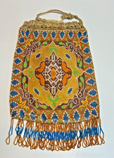 19c.Victorain Antique Beaded Purse Reticule Crochet Drawstring Bag Glass Beads picture