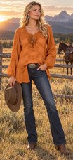 Shyanne Rust Orange Embroidered 100% Cotton Peasant Blouse Western Boho M picture