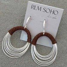 NWT RLM SOHO Robert Lee Morris Brown Leather Silver Hoop Statement Earrings picture