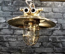 Vintage Brass Passage Ceiling Hanging Light Fixtures Big Shade Lot of 2 Antique picture