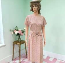 Vintage 1950s Pin Up Dress MCM Old Hollywood Pretty Bow Wiggle Lace Sheath/Hat picture