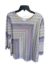 Alfred Dunner  NWT Charm School 2024 Purple /Gold Chevron Zig-Zag Knit Top, L picture